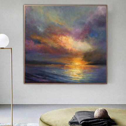 Картина маслом Абстракция закат на море желтый оранжевый синий фиолетовый