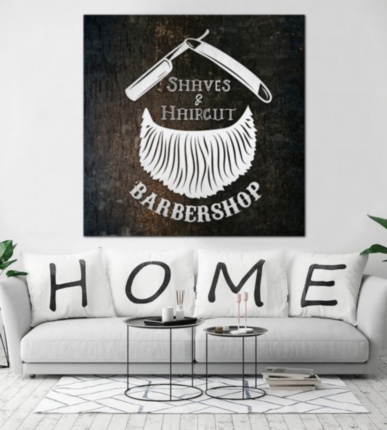 Barber Shop борода опасная бритва надпись черный белый - печать на холсте