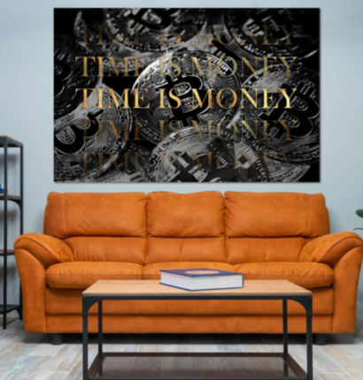 Картина TIME IS MONEY на фоне Биткоина мотивационный принт на холсте
