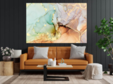 Абстракция зелёная оранжевая фиолетовая мраморная с золотыми контурами