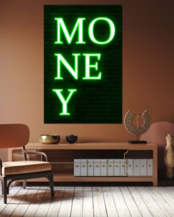 Картина MONEY яркая зелёная надпись на черном фоне - печать на холсте