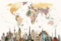 Картина карта мира с достопримечательностями белый желтый оранжевый - печать на холсте