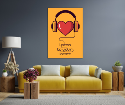 Картина про любовь Сердце в наушниках с надписью listen to your heart печать на холсте под заказ